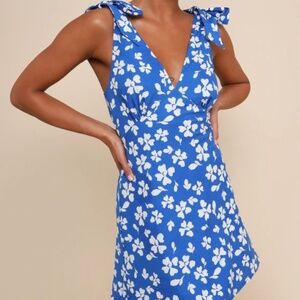 Lulus Bright Affection Cobalt Blue Floral Tie-strap Mini Dress - Size M